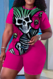 Casual Skull Head Print O Neck Short Sleeve Oversize T-shirt And Shorts Two Pieces Shorts Sets
