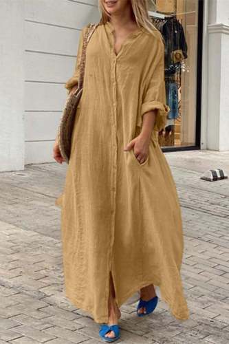 Casual V Neck Long Sleeve Buttons Vacation Long Loose Vacation Maxi Shirts Dress