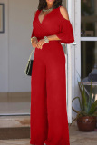 Casual V Neck Half Sleeve Clod Shoulder Hollow Out Lace Up Cinch Waist Formal Office Lady Wide Leg Jumpsuits