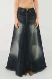 Casual High Waist Raw Hem A Line Distressed Denim Maxi Skirts
