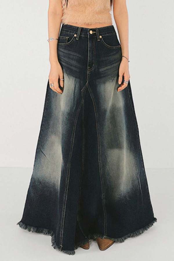 Casual High Waist Raw Hem A Line Distressed Denim Maxi Skirts