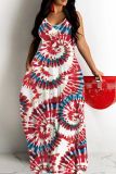 Sexy Flag Star Print Backless Spaghetti Strap Sleeveless Floor Length Long Baggy Vacation Maxi Slip Dresses For Independence Day