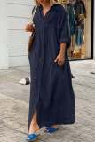 Casual V Neck Long Sleeve Buttons Vacation Long Loose Vacation Maxi Shirts Dress