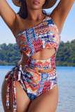 Sexy Boho Print Backless Hollow Out Lace Up One Pieces Swimsuit Beach Vacation Swimwears