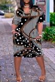 Casual Graphics Print V Neck Short Sleeve Pockets Plus Size T-shirt Midi Dresses