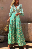 Casual Gradient Floral Print Bronzing V Neck Flare Sleeve Vacation Loose Cinch Waist Wide Leg Jumpsuits