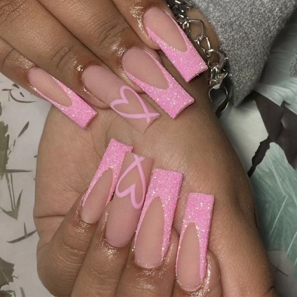 Casual Heart Shaped Sequins Decor Press on Nails Long Square Head Fake Nails