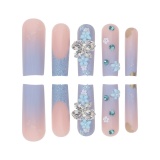 Casual  3D Butterfly And Flower Designs French Tip Press On Nails Long Square Fake Nails Blue Gradient Glue On Nails