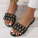 Casual Daily Rhinestone Decor Oversized Slippery Outdoor Sandals With Soft Bottom And Flat Soles Open Toe Sandals
