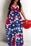 Sexy Flag Star Print Backless Spaghetti Strap Sleeveless Floor Length Long Baggy Vacation Maxi Slip Dresses For Independence Day