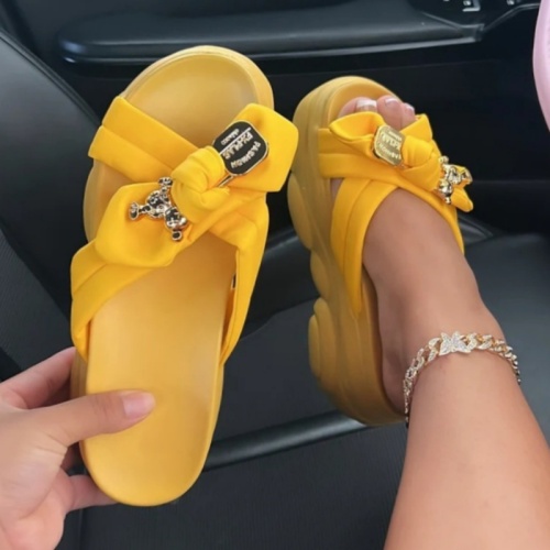 Casual Summer Bow High-Heeled Sponge Cake Net Red Sandals and Slippers Round Out Door Wedges Shoes