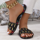 Casual Daily Rhinestone Decor Oversized Slippery Outdoor Sandals With Soft Bottom And Flat Soles Open Toe Sandals