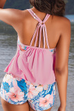 Sexy Floral Print Sleeveless Backless Halter Top and Shorts Bikini Matching Set Vacation Beach Swimwears (With Paddings)