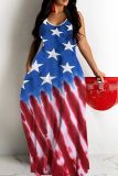 Sexy Flag Star Print Backless Spaghetti Strap Sleeveless Floor Length Long Baggy Vacation Maxi Slip Dresses For Independence Day