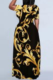 Casual Floral Print O Neck Short Sleeves Floor Length Pockets Vacation Baggy Maxi Dresses