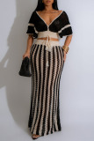 Sexy Striped Print V Neck Short Sleeve Lace Ups Kint Crop Tops And Maxi Skirts Vacation Dress Sets