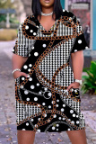 Casual Graphics Print V Neck Short Sleeve Pockets Plus Size T-shirt Midi Dresses