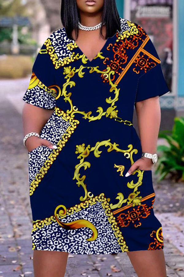 Casual Graphics Print V Neck Short Sleeve Pockets Plus Size T-shirt Midi Dresses
