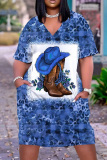 Casual Graphics Print V Neck Short Sleeve Short Sleeve Pockets Plus Size T-shirt Midi Dresses