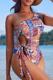 Sexy Boho Print Backless Hollow Out Lace Up One Pieces Swimsuit Beach Vacation Swimwears