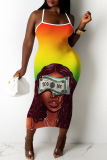 Sexy Figure Print Backless Spaghetti Strap Sleeveless Bodycon Midi Slip Dresses