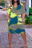 Casual Graphics Print V Neck Short Sleeve Pockets Plus Size T-shirt Midi Dresses