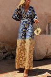 Casual Gradient Floral Print Bronzing V Neck Flare Sleeve Vacation Loose Cinch Waist Wide Leg Jumpsuits