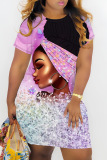 Casual Figure Print Basic O Neck Short Sleeve Plus Size T-shirt Midi Dresses