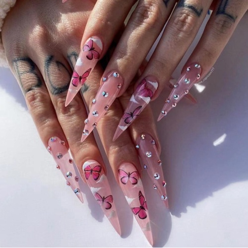 Casual Butterfly Rhinestone Decor Jelly Pink Stiletto Press on Nails Fake Nails Gel Glue on Nails
