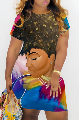 Casual Figure Print Basic O Neck Short Sleeve Plus Size T-shirt Midi Dresses
