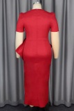 Sexy V Neck Short Sleeve Cinch Waist Front Slit Slim Fit Bow Decor Formal Party Evening Maxi Dress