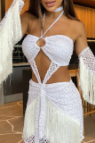 Sexy Fringed Trim Oversleeve O-Ring Decor Cross Hollow Out Halter Crop Tops And Mini Skirt Party Two Pieces Dress Sets