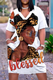 Casual Figure Print Basic V Neck Short Sleeve Pockets Plus Size T-shirt Midi Dresses