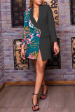 Formal Floral Print Deep V Neck Turn-back Collar Long Sleeve Buttons Office Lady Long Blazer Jacket