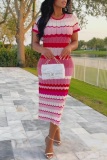 Casual Stripe Print Shorts Sleeves O Neck Long Vacation A Line Knit Maxi Dresses