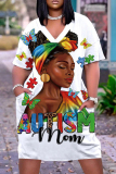 Casual Figure Print Basic V Neck Short Sleeve Pockets Plus Size T-shirt Midi Dresses