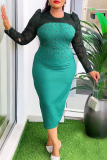 Fomal Casual Lace Flower Print Bubble Beads Decor O Neck Long Sleeve Plus Size Party Wedding Guest Bodycon Midi Dress