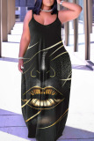 Sexy Graphics Print Backless Spaghetti Strap Sleeveless Long Vacation Baggy Slip Maxi Dresses