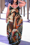Sexy Graphics Print Backless Spaghetti Strap Sleeveless Long Vacation Baggy Slip Maxi Dresses