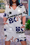 Casual Flag Star Print Basic V Neck Short Sleeve Pockets Plus Size T-shirt Midi Dresses