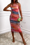 Sexy Ombre Print Sleeveless O Neck One Step Skirt Lace Ruched Vacation Formal Party Bodycon Midi Dresses