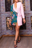 Formal Floral Print Deep V Neck Turn-back Collar Long Sleeve Buttons Office Lady Long Blazer Jacket