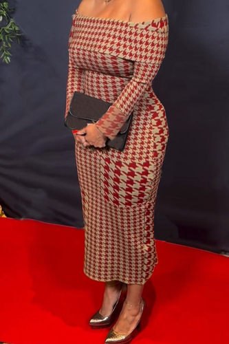 Celebrities Houndstooth Print Off Shoulder Long Sleeve Slit Evening Formal Office Lady Bodycon Maxi Dress Celebrities Houndstooth Print Off Shoulder Long Sleeve Slit Evening Formal Office Lady Bodycon Maxi Dress