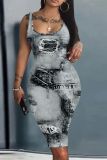 Casual Graphics Print U Neck Sleevelesss Bodycon Midi Tank Dress