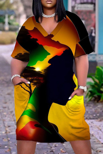 Casual Figure Print Basic V Neck Short Sleeve Pockets Plus Size T-shirt Midi Dresses