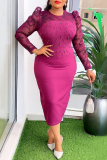 Fomal Casual Lace Flower Print Bubble Beads Decor O Neck Long Sleeve Plus Size Party Wedding Guest Bodycon Midi Dress