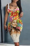 Casual Figure Print Basic U Neck Sleeveless Vest Bodycon Midi Tank Dresses