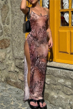 Sexy Leopard Print Backless Sleeveless Side Slit Spaghetti Strap Party Long Bodycon Maxi Slip Dresses