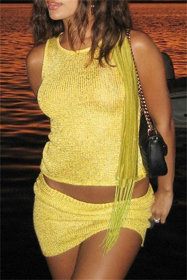 Casual O Neck Sleeveless Knitted Tank Tops And Mini Skirts Vacation Two Pieces Dress Sets