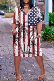 Casual Flag Star Print Basic V Neck Short Sleeve Pockets Plus Size T-shirt Midi Dresses